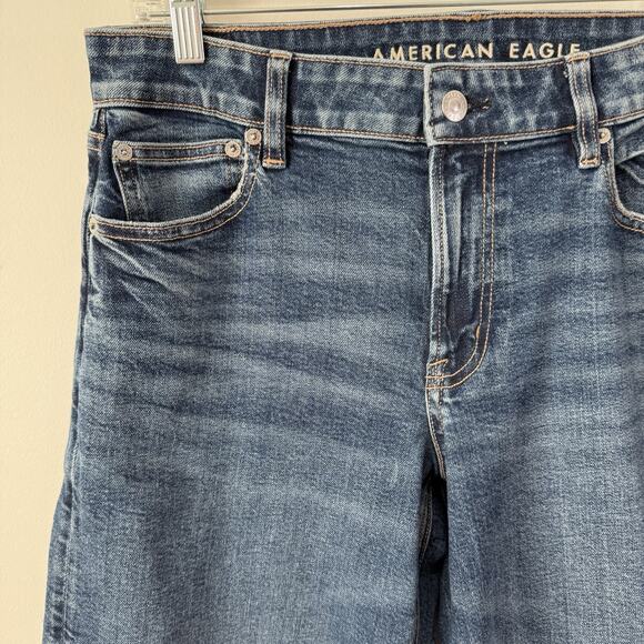 American Eagle Stretch Low Rise Baggy Wide Leg Jeans Raw Hem Size 8 Short Grunge - Picture 2 of 9